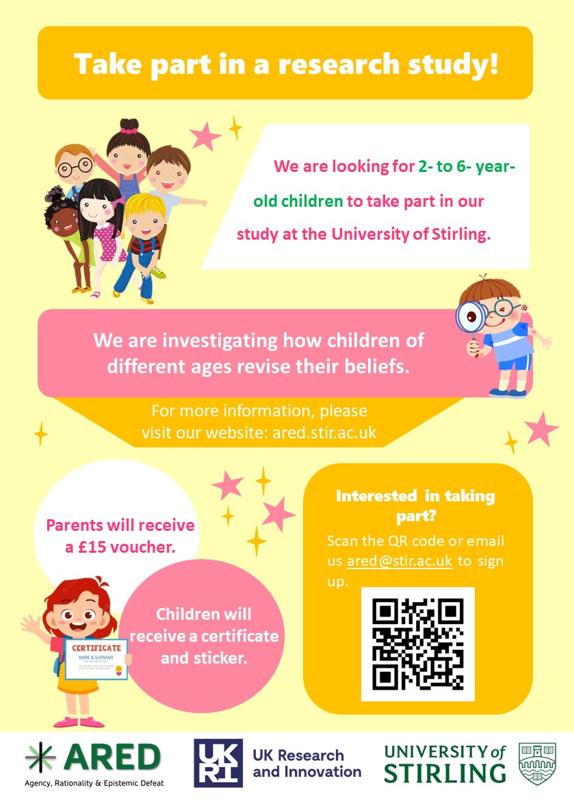 We are looking for 2-to-6-year-old children to come and visit us at <a href="/StirUni_Psych/">Stirling Uni Psych</a> and take part in our study.

We are investigating how children of different ages revise their beliefs.