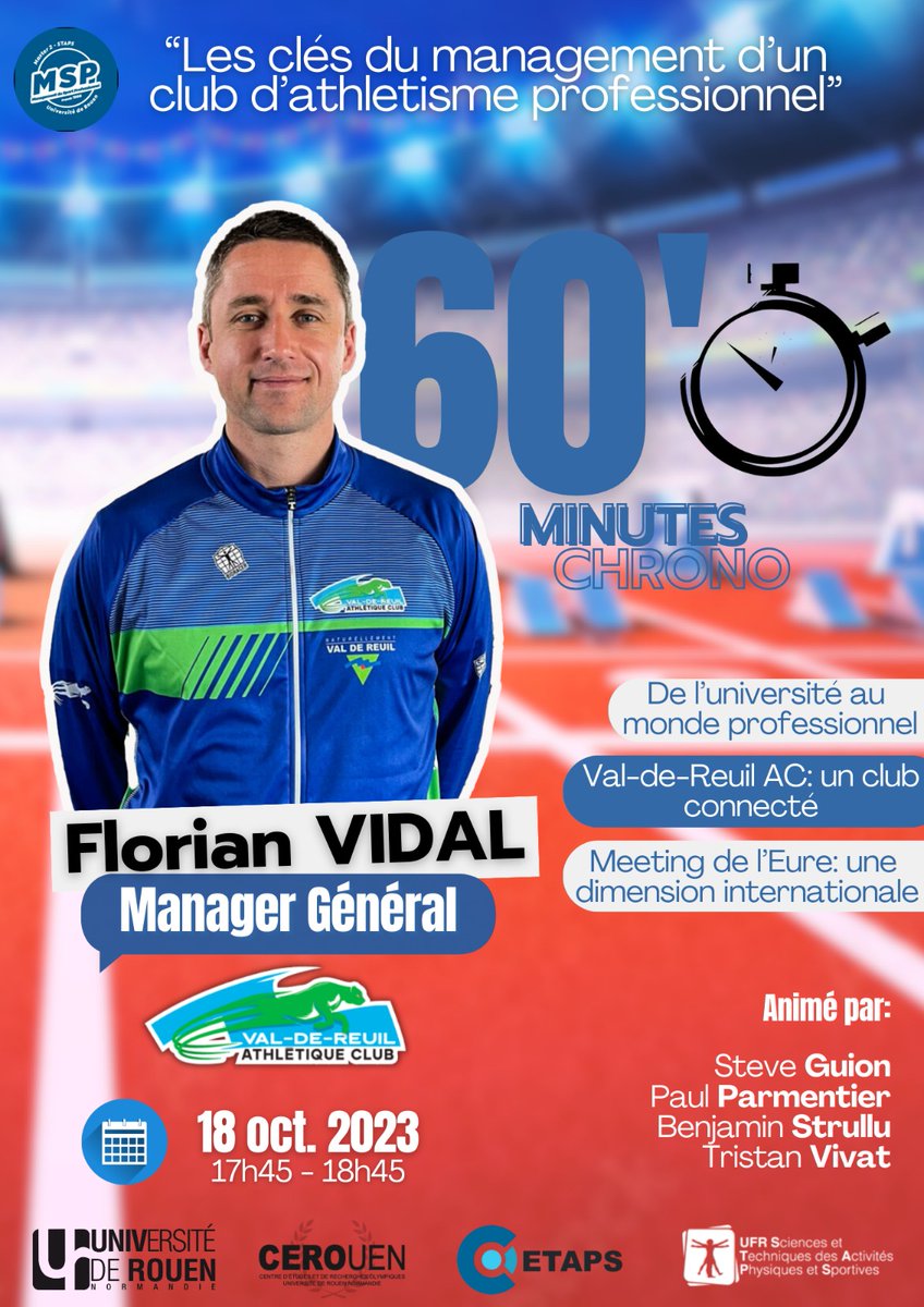 🕒 60 minutes passionnantes avec Florian Vidal, ancien étudiant et Manager Général du VAL DE REUIL ATHLETIQUE CLUB. Découverte de son parcours, de l'organisation du <a href="/meetingdeleure/">Meeting de l'Eure - Crédit Mutuel</a> et des échanges enrichissants avec la promotion <a href="/Master2MSP/">Master 2 MSP</a> .🎤

<a href="/NicolasChanavat/">Nicolas Chanavat</a> I <a href="/mjlsostenes/">leroux-sostenes</a>