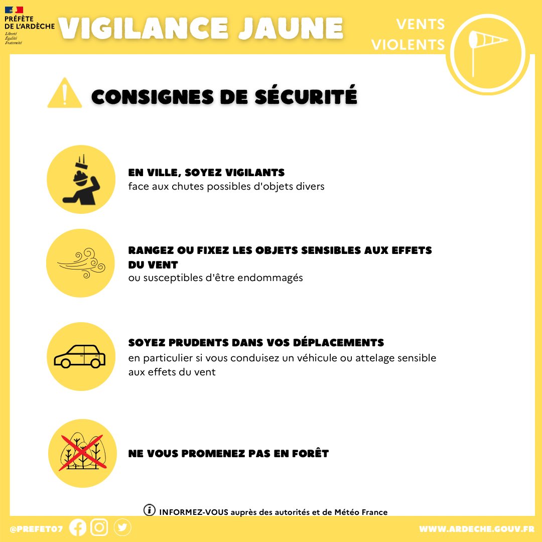 🟡 Le département de l’Ardèche a été placé en #vigilance #JAUNE pour :
💨 Vent 
💦 Crues 
🌩️ Orages 

🟠 Il est également placé en #vigilance #ORANGE pour : 
🌧️ Pluie-inondation à partir de 20h00. 

👉 Les cumuls maximum de vraiment atteindre 1️⃣5️⃣0️⃣ mm sur les reliefs Cévenols où