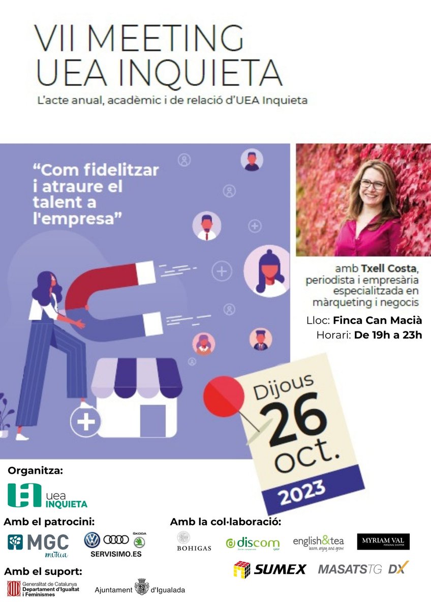 Demà és l'últim dia per inscriure't al VII Meeting #UEAinquieta

Ens hi acompanyarà la periodista i consultora, Txell Costa per parlar de com fidelitzar i atraure el #talent a l'empresa 👇

uea.cat/esdeveniment/m…