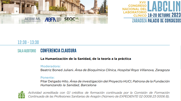 FHSanidad's tweet photo. Y terminamos la semana con un doble evento el día 20 de Octubre:
@PilarDelgado_ participará en el XVII Congreso Nacional del Laboratorio Clínico #LABCLIN2023 en Zaragoza @congresolabclin, con la conferencia de clausura "La Humanización de la Sanidad de la Teoría a la práctica" https://t.co/vFtkft0127