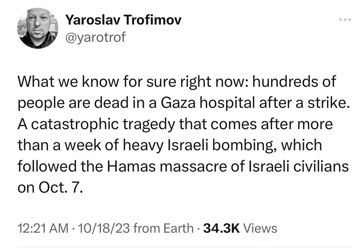 Deleting this tweet because we do not in fact know for sure that hundreds died in the Gaza hospital strike. The actual toll, while high, may be below 100, according to several people who analyzed the scene.