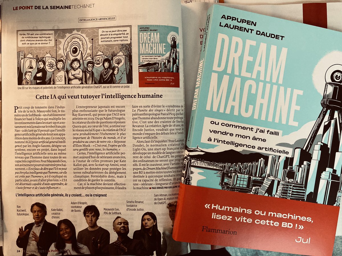 TrangMarie1's tweet photo. 🗞️ Dans @LePoint aujourd’hui, on se questionne sur l’IA, occasion de se plonger dans Dream Machine de @Laurent_Daudet @WorldOfHalahala 
« Qui se lit comme un polar » 
@Ed_Flammarion @guillaumgrallet https://t.co/f46UeF1Xb8