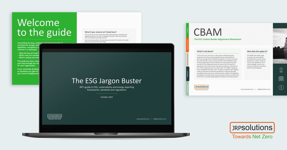 JRPsolutions's tweet photo. We are delighted to announce the launch of our brand new publication "The JRP ESG Jargon Buster"! CSRD, CCA, CBAM, SBTi, ESOS - do you know what they all mean?Download our free guide now! for an explanation of these and many more ESG related terms. https://t.co/9Xa84XYNO6 https://t.co/WJdYTTv6kJ