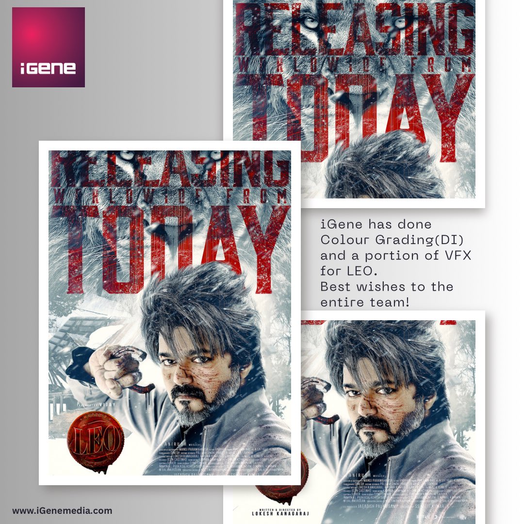 iGene DI & VFX (@igenediandvfx) on Twitter photo iGene has done Colour Grading(DI) and a portion of VFX for LEO.
Best wishes to the entire team!
<a href="/Dir_Lokesh/">Lokesh Kanagaraj</a> <a href="/manojdft/">manoj paramahamsa</a> <a href="/anbariv/">AnbAriv</a> <a href="/7screenstudio/">Seven Screen Studio</a> <a href="/philoedit/">Philomin Raj</a>
#LokeshCinematicUniverse #leo #ThalapathiVijay #LeoFDFS #ActorVijay #leomovie #ThalapathyVijay #LokeshKanakaraj #LeoDay iGene has done Colour Grading(DI) and a portion of VFX for LEO.
Best wishes to the entire team!
<a href="/Dir_Lokesh/">Lokesh Kanagaraj</a> <a href="/manojdft/">manoj paramahamsa</a> <a href="/anbariv/">AnbAriv</a> <a href="/7screenstudio/">Seven Screen Studio</a> <a href="/philoedit/">Philomin Raj</a>
#LokeshCinematicUniverse #leo #ThalapathiVijay #LeoFDFS #ActorVijay #leomovie #ThalapathyVijay #LokeshKanakaraj #LeoDay