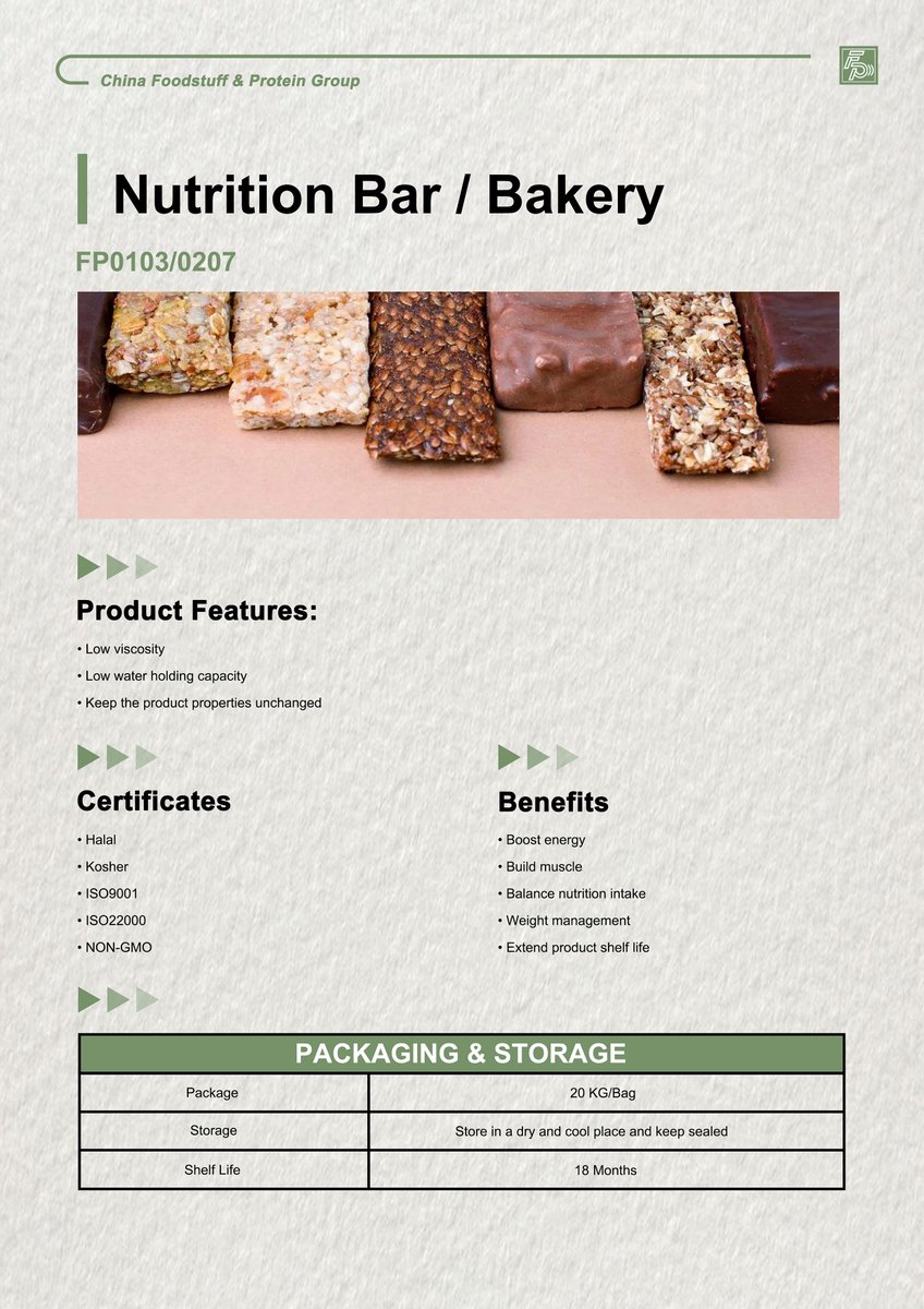FPGROUP1's tweet photo. Isolated Soy Protein

Application: Nutrition Bar / Bakery

• Low water holding capacity
• Low beany flavor
• No bitter taste

#soyprotein #isolatedsoyprotein #NutritionBar #Bakery https://t.co/laTswmyCB3