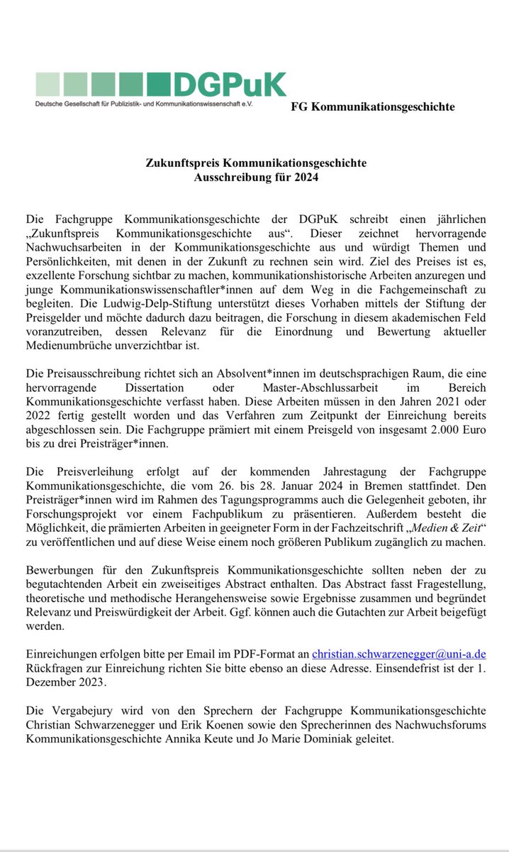 🚨 Ausschreibung Zukunftspreis #Kommunikationsgeschichte für Abschlussarbeiten (Master oder Diss) im Bereich der Kommunikationsgeschichte

📅 Einsendefrist ist der 01.12.23