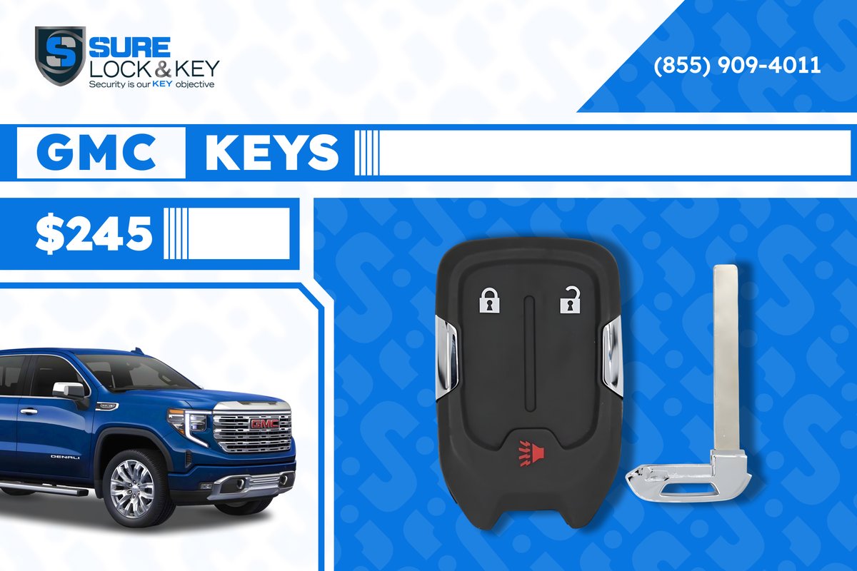 SureLockKey's tweet image. Upgrade your GMC&apos;s #security and convenience with Sure Lock &amp;amp; Key’s precision-crafted #keyfobs. At just $245, you can enjoy effortless entry and a touch of luxury.

Call us now to #unlock a new level of driving pleasure today!

(855) 909-4011
#GMC