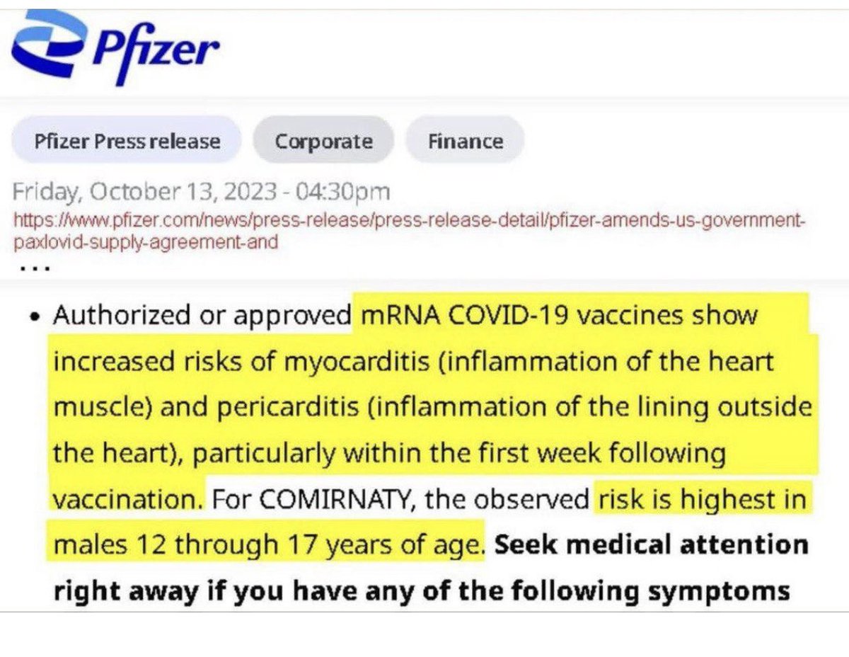 JacquiDeevoy1's tweet photo. Pfizer press release on Paxlovid dated Friday, October 13, 2023 notes increased risk of myocarditis and pericarditis from Covid vaccines with the highest prevalance in males 12 through 17. https://t.co/qilCQ3Kys8
