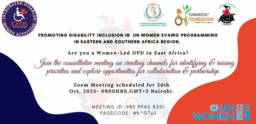 IdiwaNgo's tweet photo. In collaboration with UN Women ESARO, IDIWA is organizing an online consultation forum for Women-led OPDs on disability inclusion in EVAWG programming in East Africa on 24th October. Join the meeting; let your voice be heard. @UN_Women https://t.co/TOi1e0u1gj