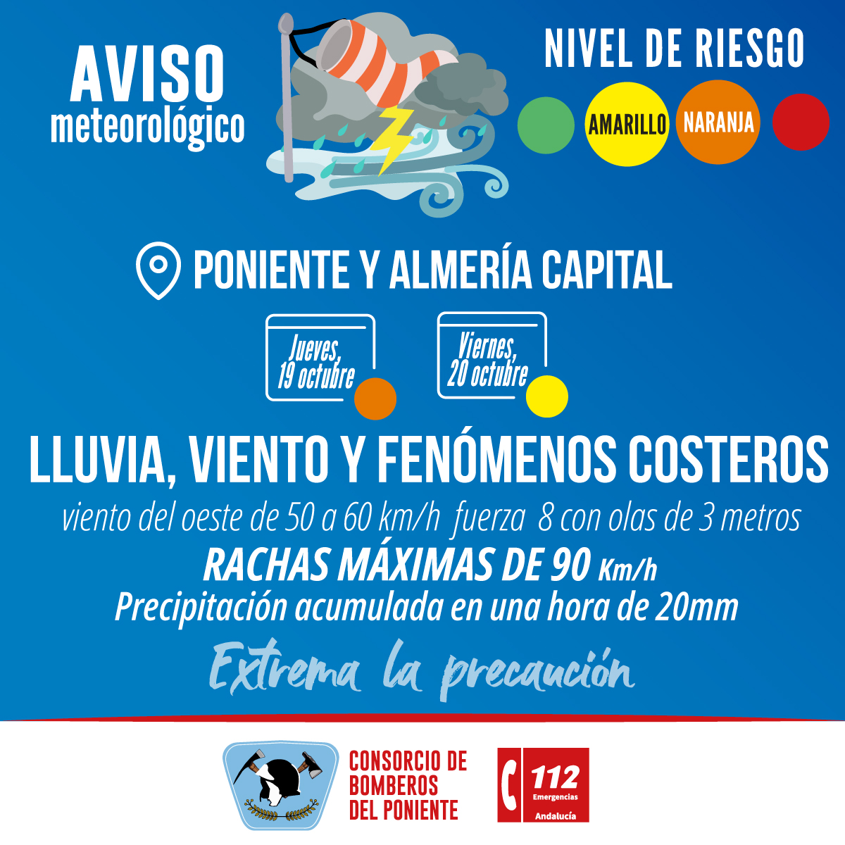 #bomberosdelponienteinforma:
AVISO METEOROLÓGICO | La AEMET activa AVISOS 🟠y 🟡por #viento #lluvia y #fenómenoscosteros
Se esperan vientos del oeste de 50 a 60km/h de fuerza 8, con olas de 3 metros y RACHAS MÁXIMAS DE 90 km/h
PRECIPITACIÓN ACUMULADA DE 20mm en una hora