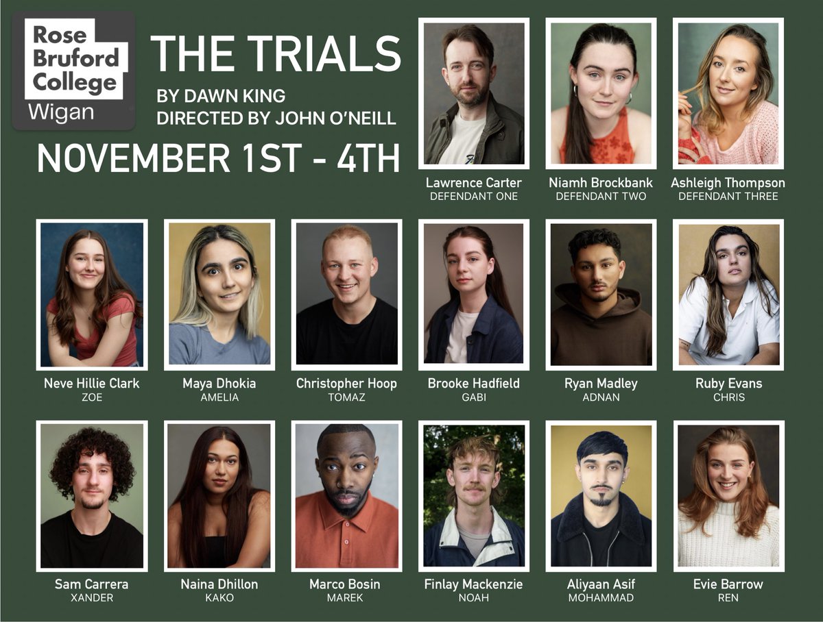 🌳CAST ANNOUNCEMENT⚖️
 
It’s the near future and our generation is being judged for the climate crisis. The jurors? Children. But are they delivering justice… or serving revenge?

THE TRIALS 
By Dawn King.
Directed by <a href="/JK_ON/">𝗝𝗼𝗵𝗻 𝗢’𝗡𝗲𝗶𝗹𝗹</a>.

fatsoma.com/p/rose-bruford…