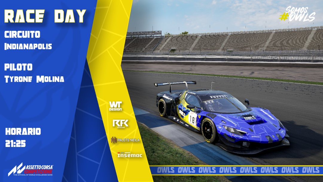 OWLS eSports 🦉🇪🇦 (@owlsesports_) on Twitter photo Otro búho más que viaja a Estados Unidos, toca volar raso chicos 🦉🦉
🏆 <a href="/Iberica_SR/">Iberica Simracing</a>
📍 Indianapolis
🚙 GT3 ///👤 #tyrone
🎥 <a href="/IvanZancajo/">Ivan Zancajo</a>
⏰ 21:25H
#familia #insenmac #paletsneila #somosowls Otro búho más que viaja a Estados Unidos, toca volar raso chicos 🦉🦉
🏆 <a href="/Iberica_SR/">Iberica Simracing</a>
📍 Indianapolis
🚙 GT3 ///👤 #tyrone
🎥 <a href="/IvanZancajo/">Ivan Zancajo</a>
⏰ 21:25H
#familia #insenmac #paletsneila #somosowls