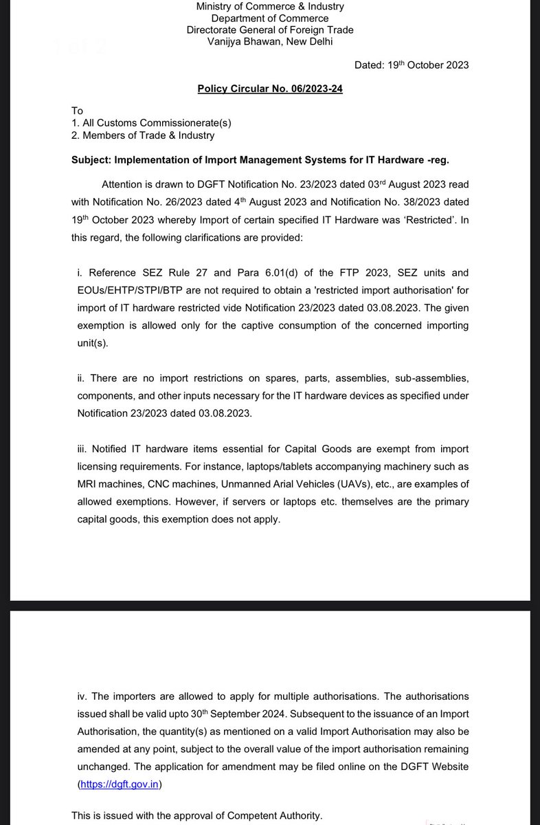 NasscomPolicy's tweet photo. Clarifications by @dgftindia on #importlicense for #IThardware, have exempted the following imports:
1. by #SEZunits and #STPIunits
2. of spares, components etc.
3. of IT hardware essential for #capitalgoods
4. for supply to govt for security/defence purposes
@AA_speaks https://t.co/X4dFER77S3