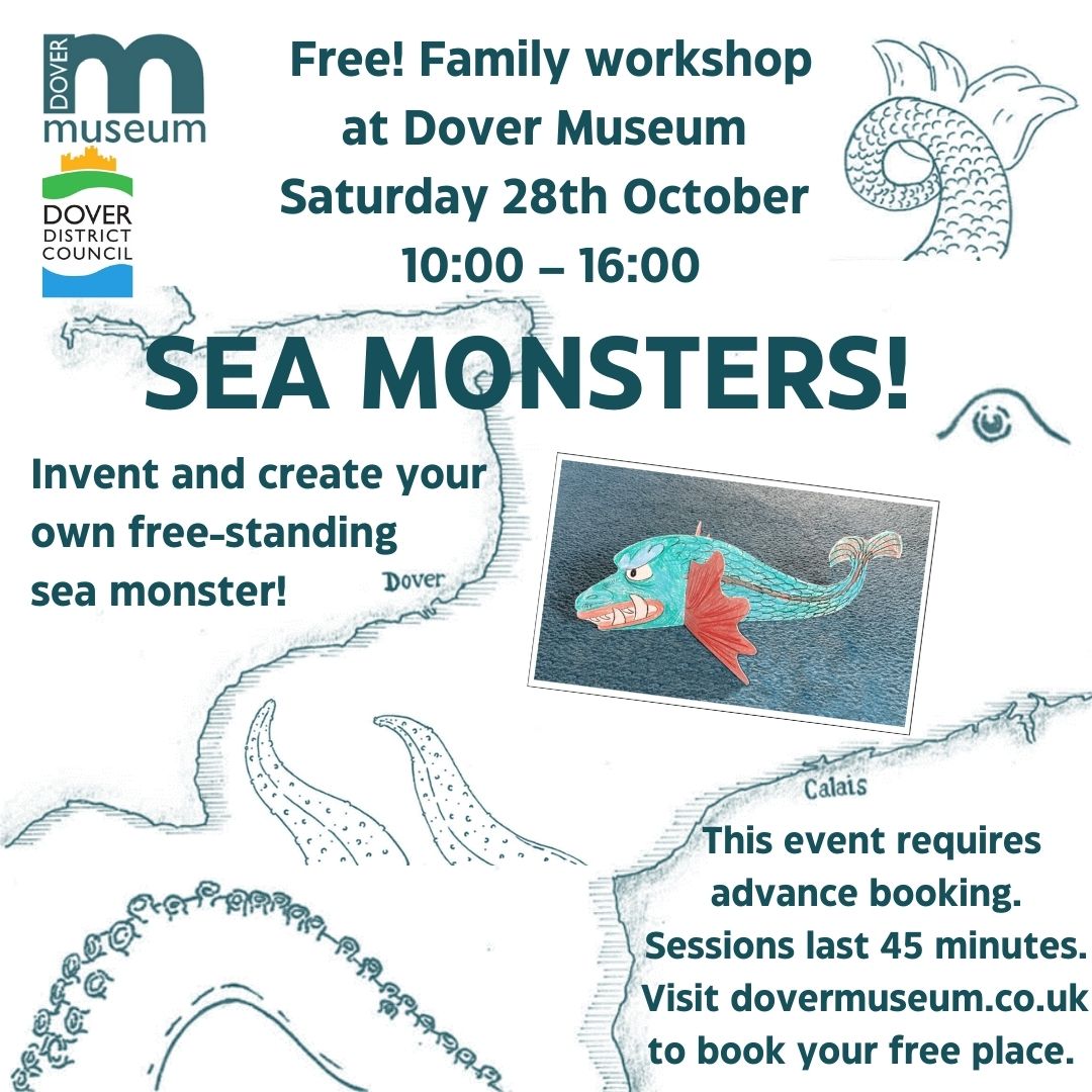 Spaces are still available on Saturday 28th October for a #seamonster themed craft session at #Dover Museum! This is a free event, but participation requires booking in advance. Visit dovermuseum.co.uk to book your place. #Kent #Familyactivities #halfterm