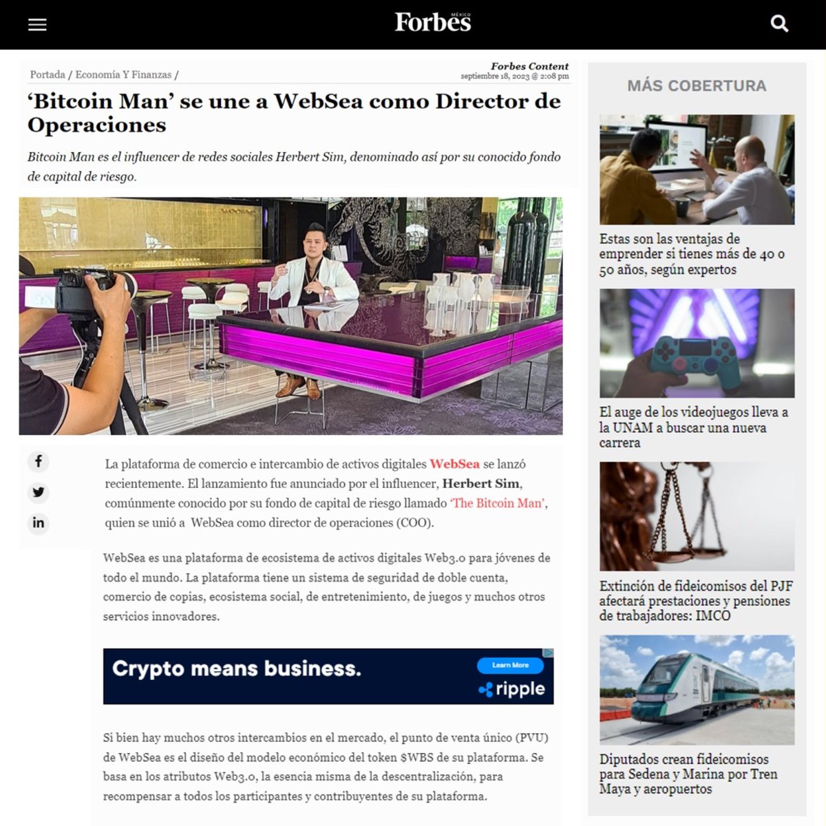 HerbertRSim's tweet image. Feat. on #ForbesMexico 🗞️

ICYMI! @WebseaOfficial is giving away FREE 100 $WBS just by registering an account! That&apos;s worth almost ~US$25 at the moment.

Every person you introduce you get 50 #WBS (approx. US$12.50), without limits.

REGISTER TODAY! Don&apos;t miss out on this…