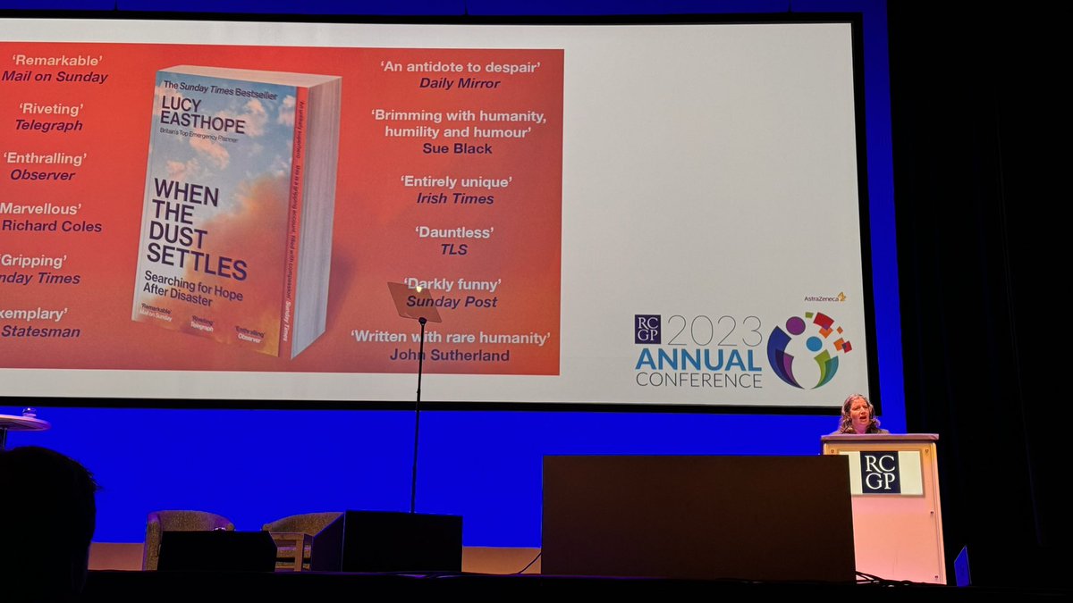 We are all disaster survivors,
wonderful Lucy Easthope
<a href="/LucyGoBag/">Professor Lucy Easthope</a> 
disaster planning, what comes next,
hope and humanity.
When heroes become villains 
and trust erodes.
When the NHS goes, it will die quietly 
<a href="/rcgp/">Royal College of General Practitioners</a> <a href="/RCGPAC/">RCGP Annual Primary Care Conference</a> #RCGPAC