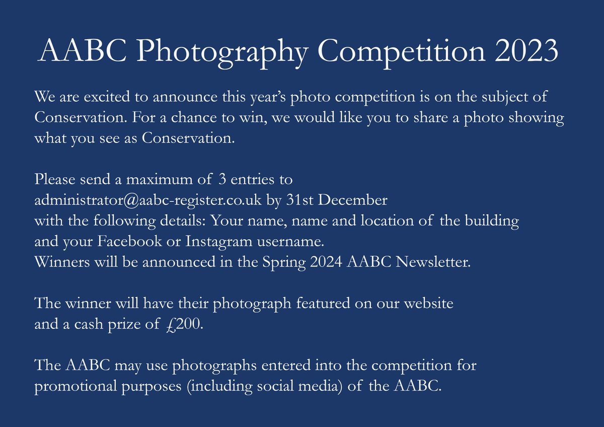 Photo Competition time on the subject of 'Conservation'!
Winner will be announced in the AABC Spring 2024 Newsletter, with the photo featured on our website &amp; win a cash prize of £200.
Please refer to details on the second image.
#AABC #Architecturalphotography #Photocompetition