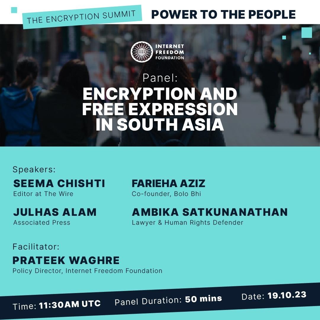 Encryption, our digital guardian, faces challenges from state & non-state actors worldwide. Join us today at The Encryption Summit, “Encryption and Free Expression in South Asia” hosted by IFF at 5 PM!  #GED2023 1/4 events.zoom.us/ev/ApH8z4TMCX4…