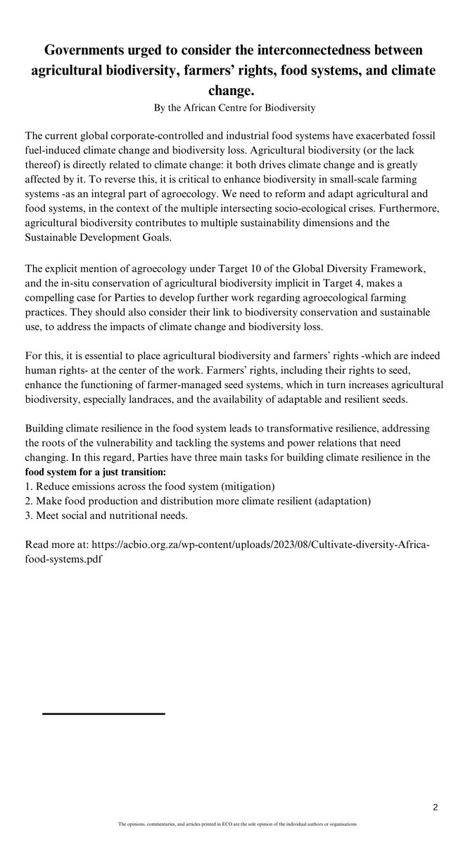 ECO SBSTTA 25 article on GBF implementation and interconnection between biodiversity and climate change ( visit : cbd-alliance.org )