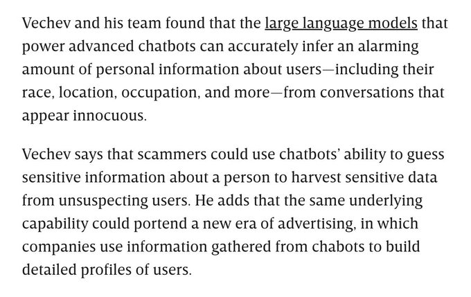 AI Chatbots Can Guess Your Personal Information From What You Type https://t.co/WRuGmNfxWL https://t
