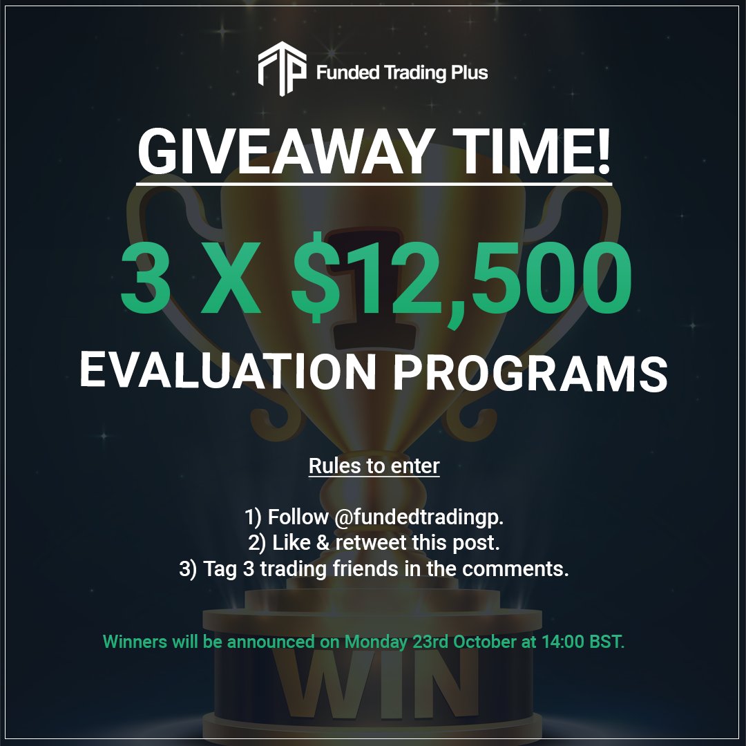 FundedTradingP's tweet photo. 🎁GIVEAWAY TIME🎁

Prizes: 3 x $12,500 Experienced Trader Programs.

Rules to enter:
1) Follow us @FundedTradingP 
2) Like & retweet this post
3) Tag 3 trading friends in the comments

Winners announced on Monday 23rd October at 14:00 BST.

Good luck traders!

#forextrading #forex #forextrader #propfirm