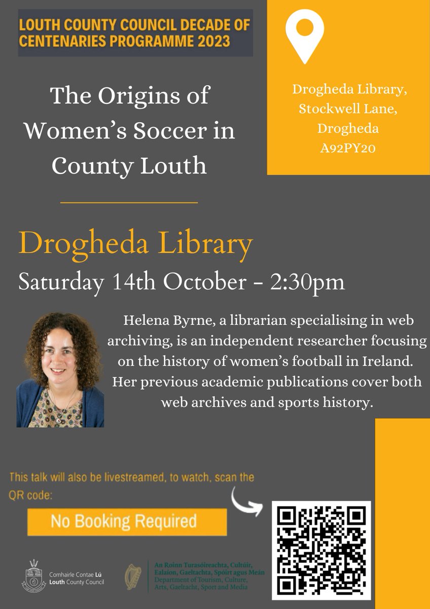 louthcoco's tweet photo. #DecadeofCentenaries talk with Helena Byrne on "The Origins of Women's Soccer in County Louth" is available to view on the Louth Library Service Crowdcast channel: https://t.co/jIQ86ZWyJ3
@Centenaries
@tormey_history #LouthLibraries https://t.co/TOot1lG9rZ