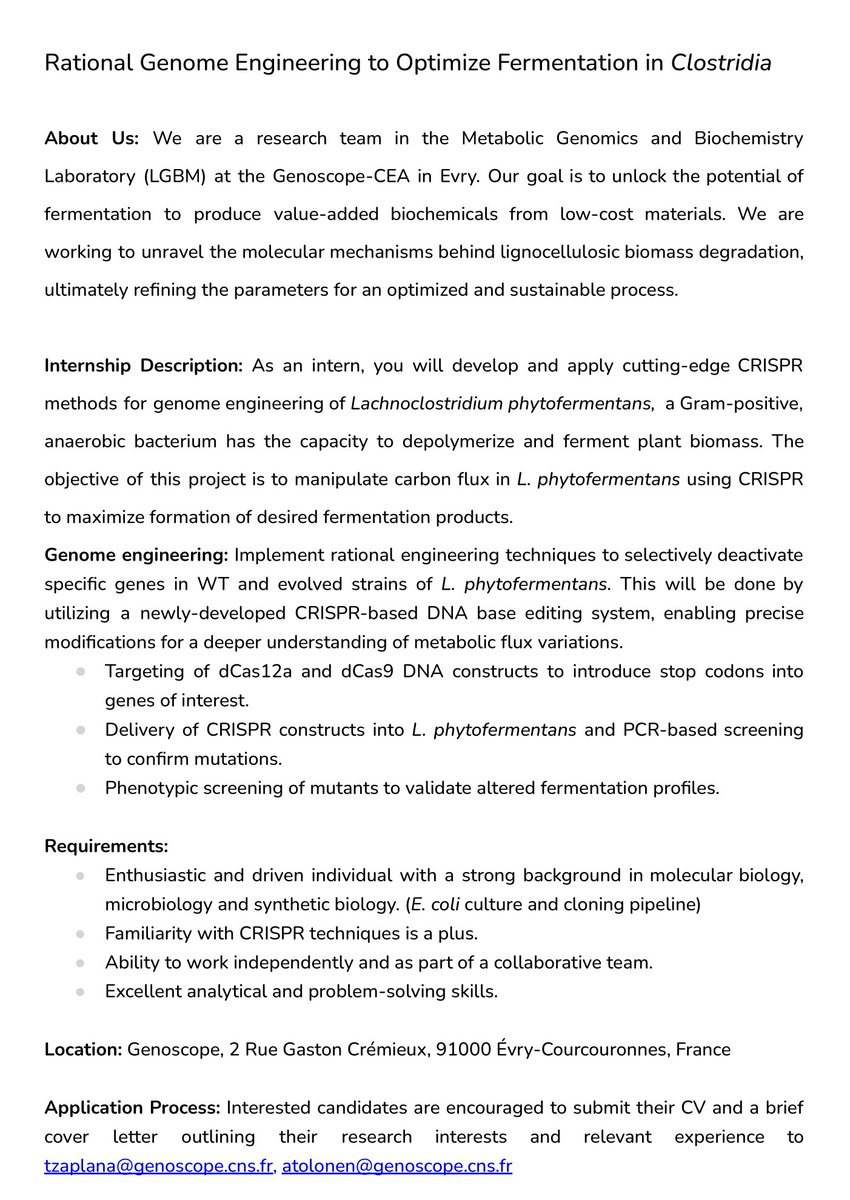 Tom Zaplana (@tomzpln) on Twitter photo We are looking for one M2 student to carry out a 6-month internship from January 2024 at <a href="/GenoUMR_GM/">GENOSCOPE/UMR Genomique Metabolique</a>. On metabolic engineering on a plant biomass fermenting clostridia using CRISPR. We are looking for one M2 student to carry out a 6-month internship from January 2024 at <a href="/GenoUMR_GM/">GENOSCOPE/UMR Genomique Metabolique</a>. On metabolic engineering on a plant biomass fermenting clostridia using CRISPR.