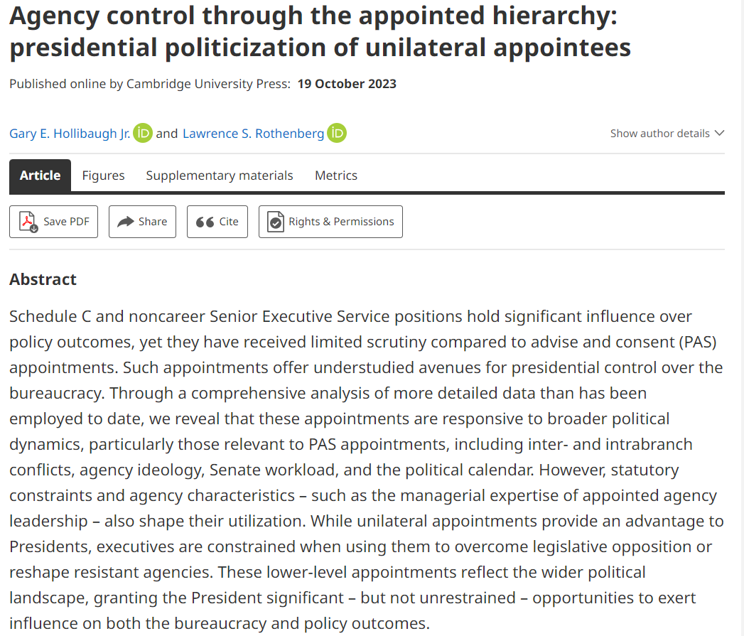 A new interesting article by @gholliba and Lawrence S. Rothenberg is now available on our FirstView page. It is entitled 'Agency control through the appointed hierarchy: presidential politicization of unilateral appointees'. Enjoy it here: t.ly/0xRd0