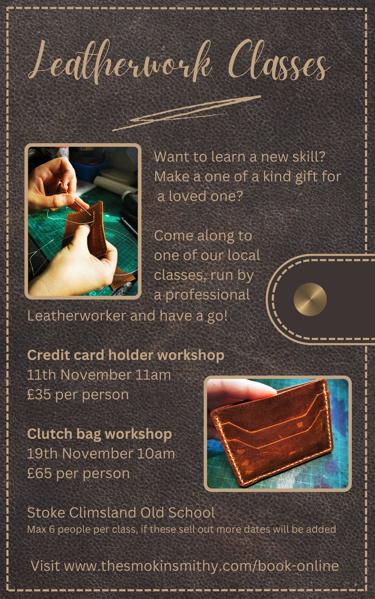 Leatherwork Classes in Stoke Climsland Old School Nr Callington this November for anyone wanting to learn a new skill or just to make something lovely! Ideal to make a Christmas gift for someone.
thesmokinsmithy.com/book-online