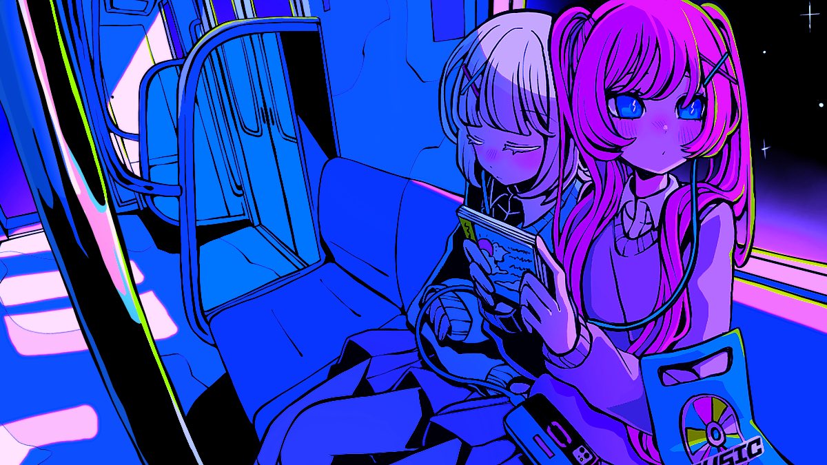 train interior twintails 2girls multiple girls blue eyes hair ornament bag  illustration images