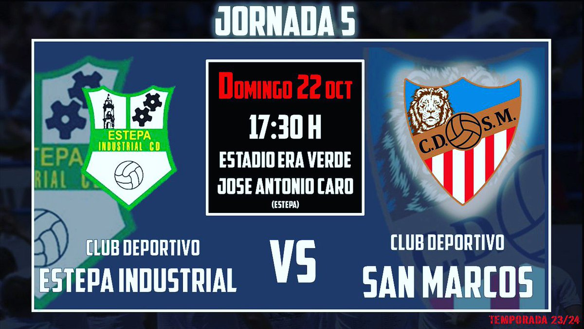 🏆[3° Andaluza Grupo 1]  
🔜Quinta jornada  
⚽C.D. Estepa Industrial 🆚 C.D. San Marcos 
🗓Domingo 22 de Octubre 
⏰ Hora: 17:30 
🏟️ Estadio Era Verde José Antonio Caro 
#YoSoySanMarcos🦁