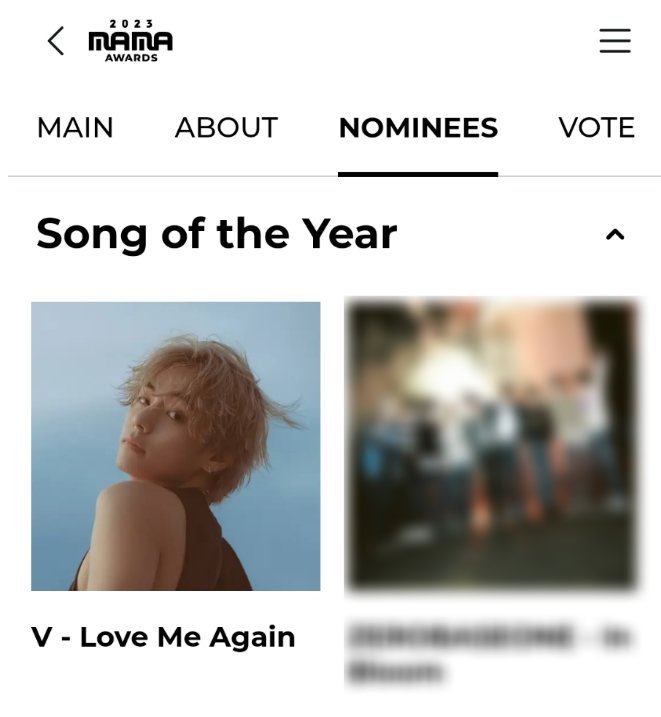 myonlyTAEger's tweet photo. [ MAMA AWARDS 2023 ]

Kim Taehyung is nominated in the following categories:

✅Artist of the Year 
✅Song of the Year / Love Me Again 
✅Album of the Year / Layover 
✅ Best Vocal Performance Solo / Love Me Again
✅Best Male Artist https://t.co/kLjyutkUxS