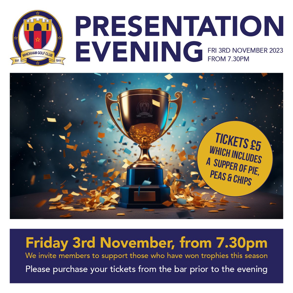 🏆Presentation Night🏆

Friday 3rd November 2023 from 7.30pm

You are invited to support those members who have been successful in winning trophies this season.

Tickets are £5.00 which will include pie, peas and chips. Please purchase tickets from the bar.