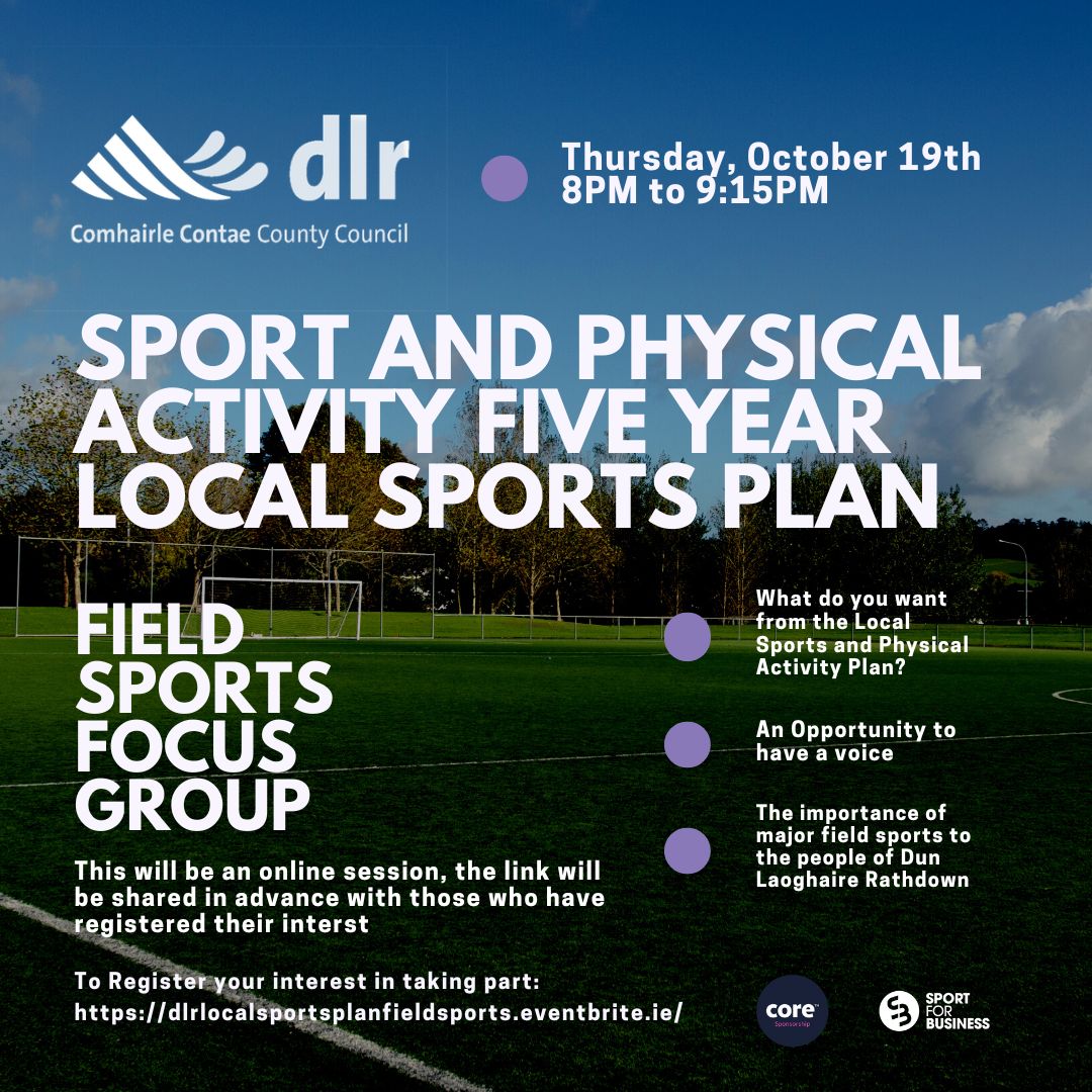 Looking to have your say about increasing opportunities and participation for field sports? ⚽️🏈⚾️🎾🏐🏉🏑🏏⛳️ Represent your club at tonight's @dlrcc Online Local Sports Plan Club Meeting tonight for Field Sports - 8pm to 9:15pm. To book your spot …alsportsplanfieldsports.eventbrite.ie