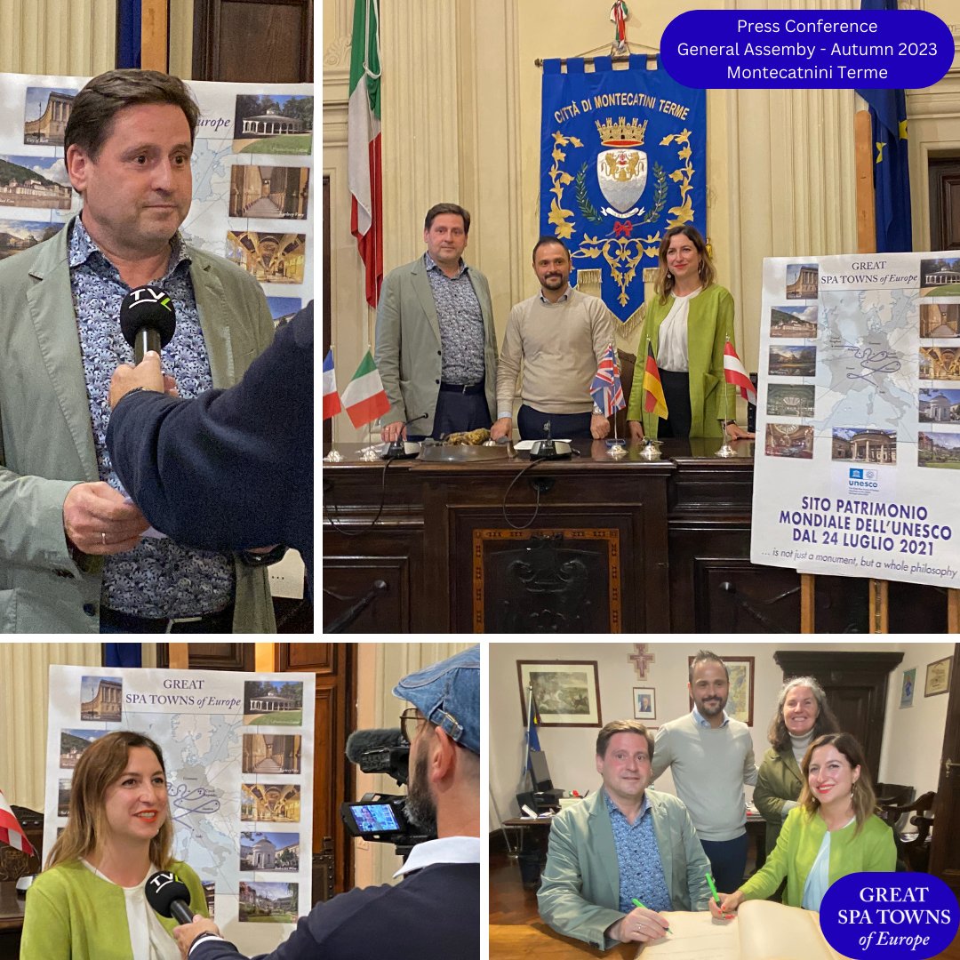 The #greatspatownsofeurope Association is in #MontecatinTerme this week for its General Assembly. Chair, Stefan Szirucsek and Secretary General Chiara Ronchini were given a warm welcome by mayor @lucabaroncini85 and interviewed by local TV & press #UNESCO #unescoworlsheritagesite
