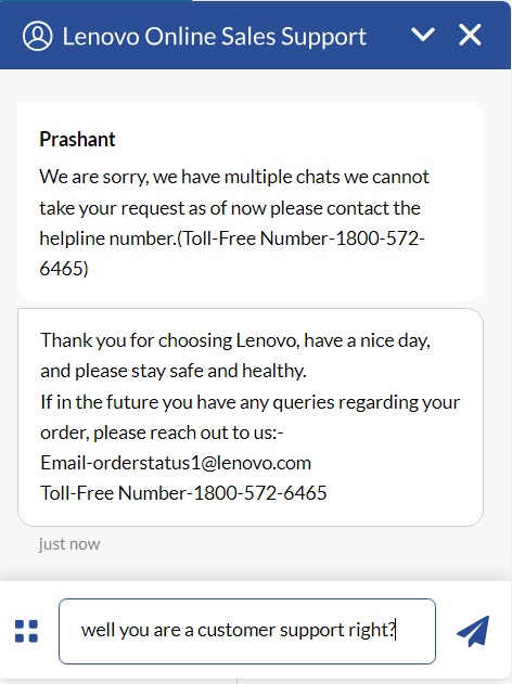 GV1neeth's tweet photo. @Lenovo_in  People usually opt for chat because its convenient. I was expecting to purchase a product from you. If you cannot provide assistance then what is the point of having a customer service? https://t.co/wtB2zHG7Up