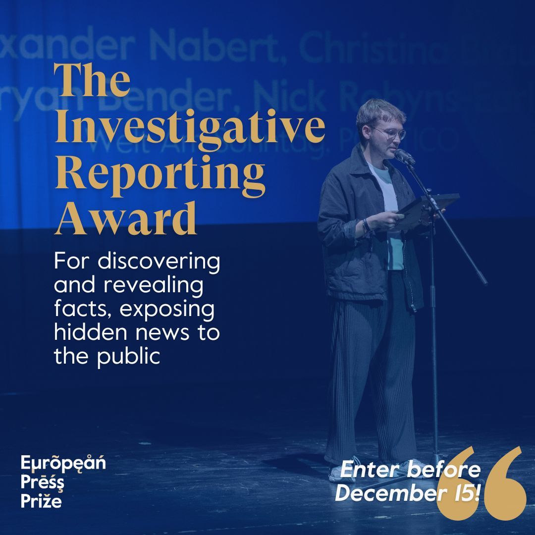 We are welcoming entries in five categories. One is the Investigative Reporting Award, which is given for discovering and revealing facts, exposing hidden news to the public. Enter before December 15: europeanpressprize.com/before-you-ent… 📷 2023 Winner @Nabertronic #europeanpressprize