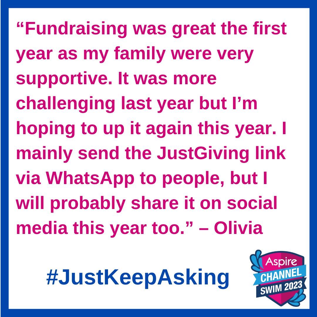 AspChannelSwim's tweet image. Many of our swimmers take on the #AspireChannelSwim multiple times.  If you do it every year, what are your tips for how to keep asking people to sponsor you?  #JustKeepAsking #FundraisingFriday
