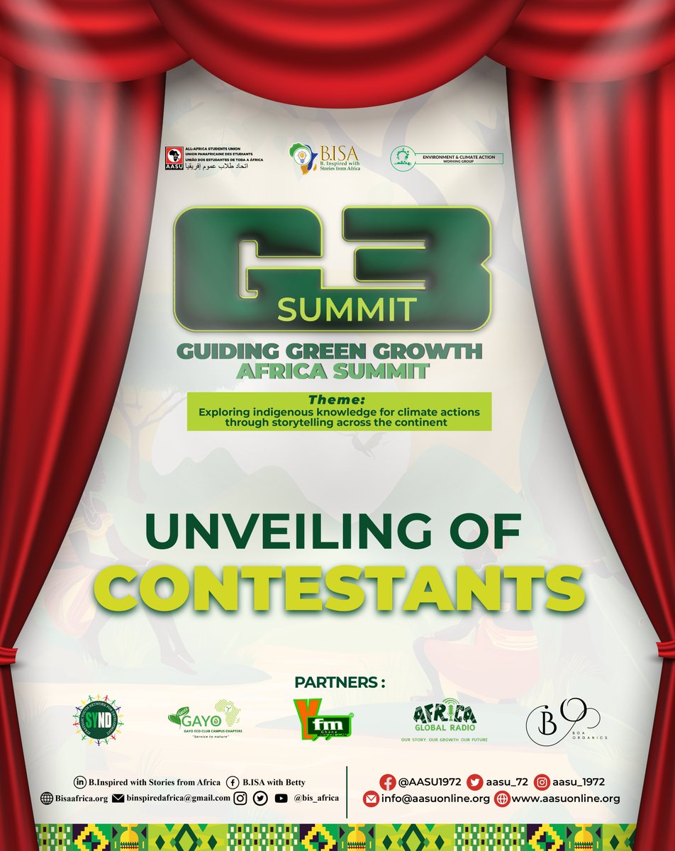 bis_africa's tweet photo. Stay tuned as we unveil the contestants for the #G3summit #ClimateStorytelling  @gayoecoclubs  @SYNDGhana @PlayingOnYFM @aasu_72 @BettyGold19 @FrankKoomson20 @Nana_Minta1  @enoch_anyane https://t.co/KXL4gWAeU5