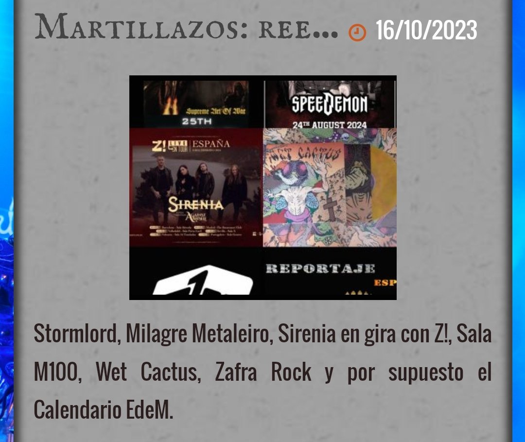 EsquirlasDMetal's tweet photo. Ya está machacado el yunque 🔥🔨💫 EdeM con los #Martillazos de @PabloAliscar, quien os cuenta noticias 🗞️ sobre:
💢#Stormlord y su reedición de #SupremeArtOfWar 💿
💢 #Speedemon al Milagre'24.
💢 #Sirenia + #Againstmyself de gira
💢 @WetCactusBand
https://t.co/iCh5YWLyPb https://t.co/U1pWlK7zel