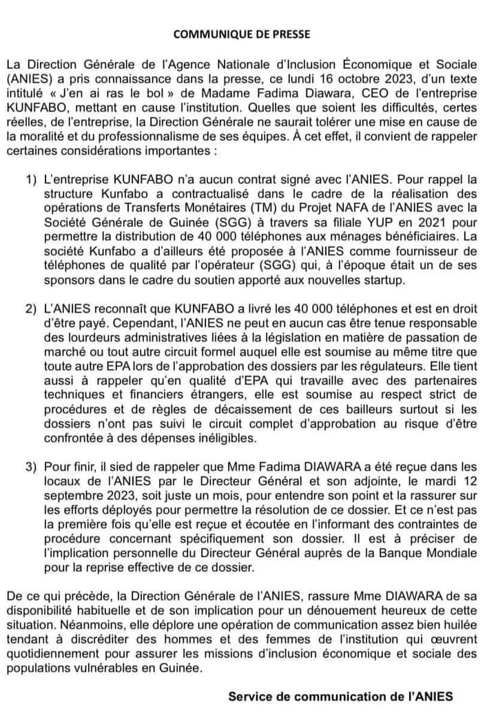 FadimaDiawara4's tweet photo. Bonjour cher tous,

Après mon post du lundi 16 octobre dans lequel j’ai partagé avec vous mes difficultés et la fermeture de @kunfabo en #Guinee faute du non-paiement de l'Agence Nationale d'Inclusion Economique et Sociale - ANIES . ⤵️

#jenefermepasmabouche #kibaro https://t.co/V975zCGy8L