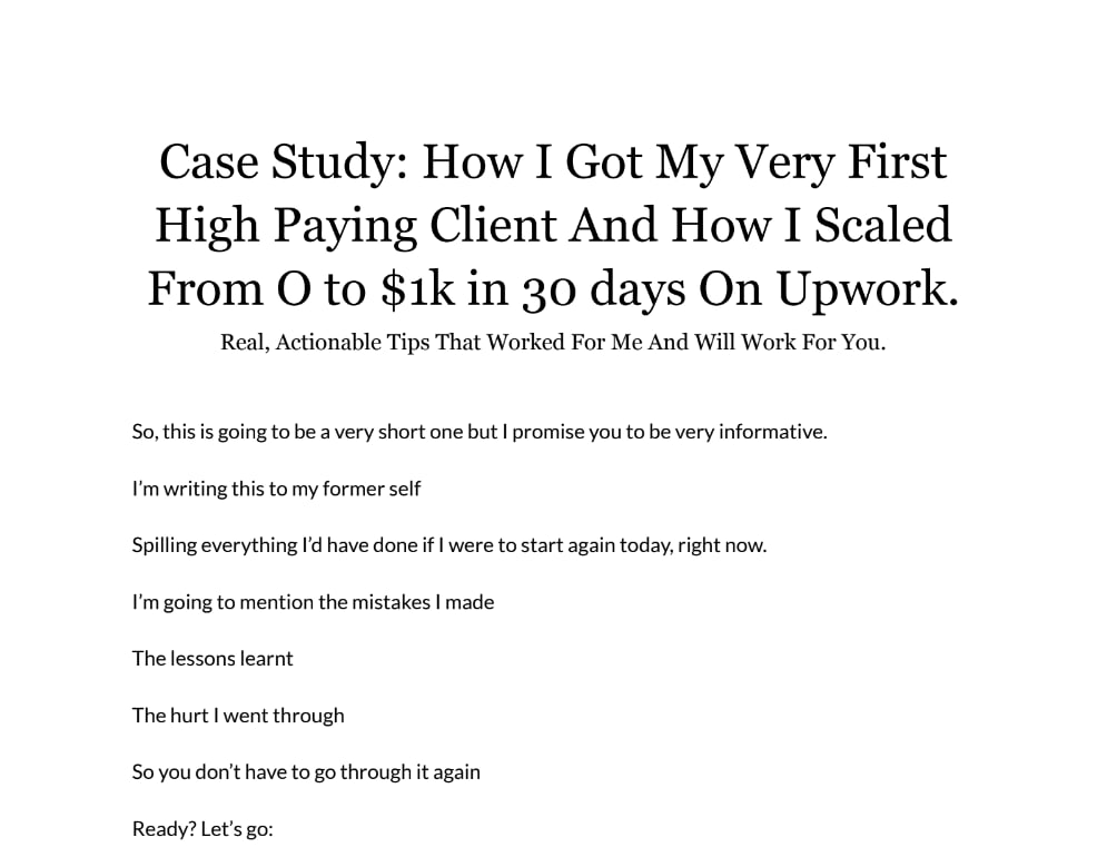 8 months into copywriting, I made 3X my salary at my 9-5

I quitted my job to focus on this gig.

Few months later, I got fired.

The next month, I went from $0 - $1k on Upwork in 30days as a NEWBIE

How? 

Like, RT, comment “send” and I’ll DM it to you.

*Must be following*