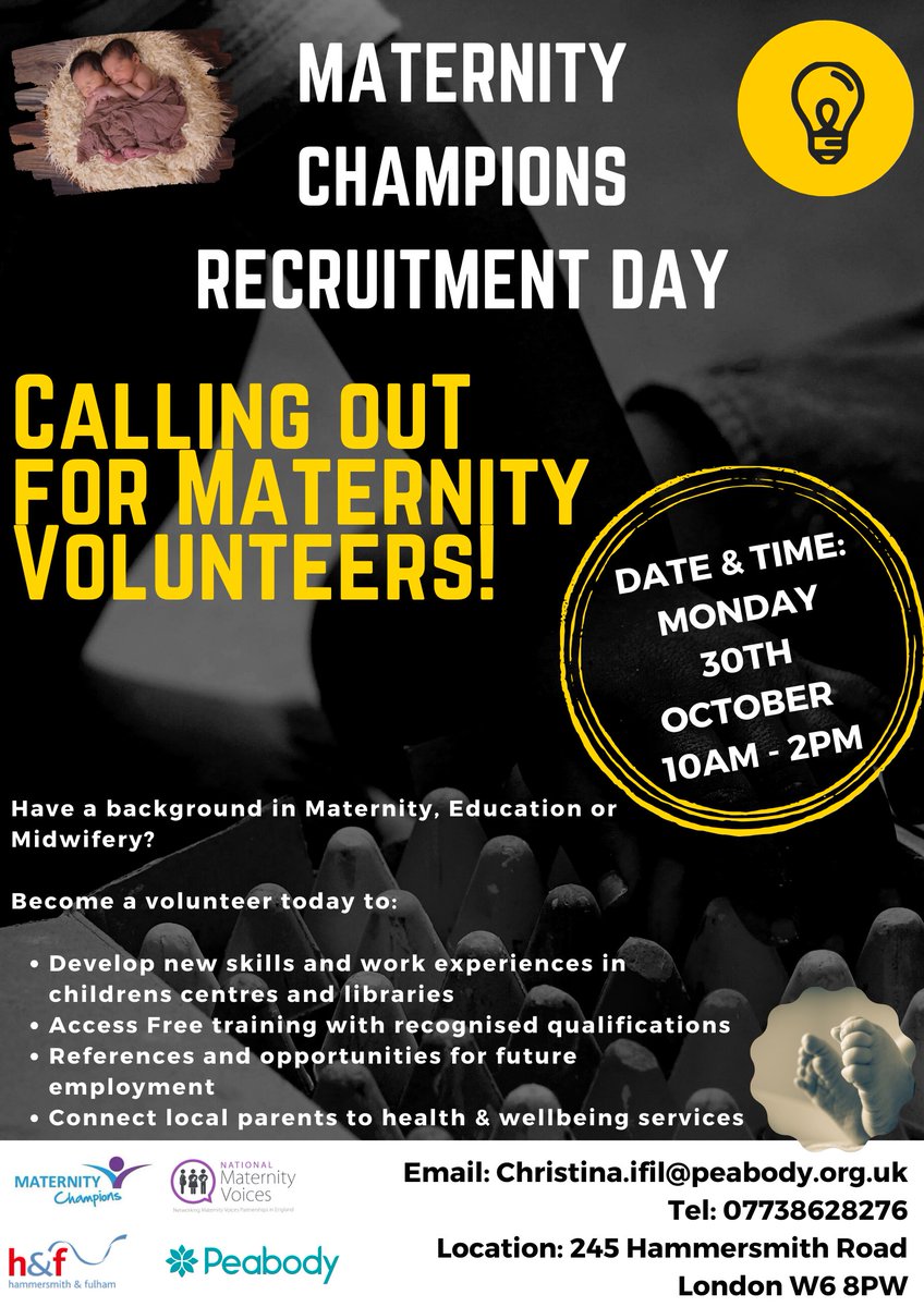 Share with any1 interested in picking up experience working in Maternity Childcare/Education!

Volunteering open day 
30th Oct - 10am -2pm

Talk to other volunteers and find out more

#livegood #volunteering #communitypower #maternity #parents #Champions  #communication #lbhf