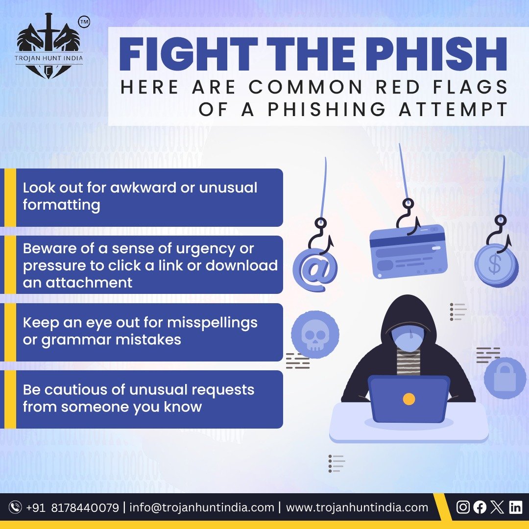 Here are some tips to recognize common red flags of phishing attempts.

Let's Chat +91 8178440079
Dive In trojanhuntindia.com

#CyberSecurity #trojanhunt #cybercrime #DataSecurity #phishing #ITSecurity #datasecurity #EmailSecurity #trojanhunt #cybersecurityservices