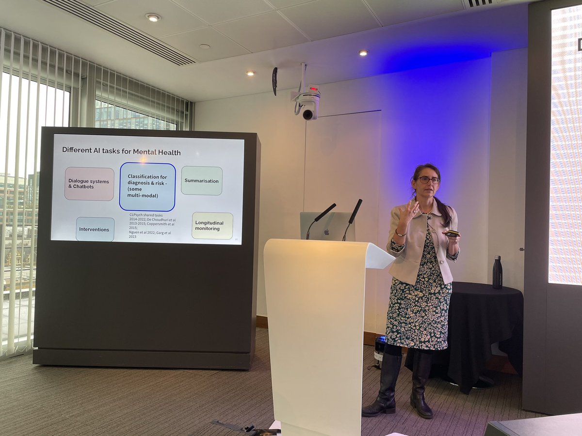 Prof Maria Liakata @xrysoflhs from @turinginst and @QMUL and co-I on @3s_yp @KingsIoPPN @NIHRMaudsleyBRC delivers a comprehensive account of state of the art Mental Health Studies involving data science, especially NLP @MQmentalhealth @DatamindUK