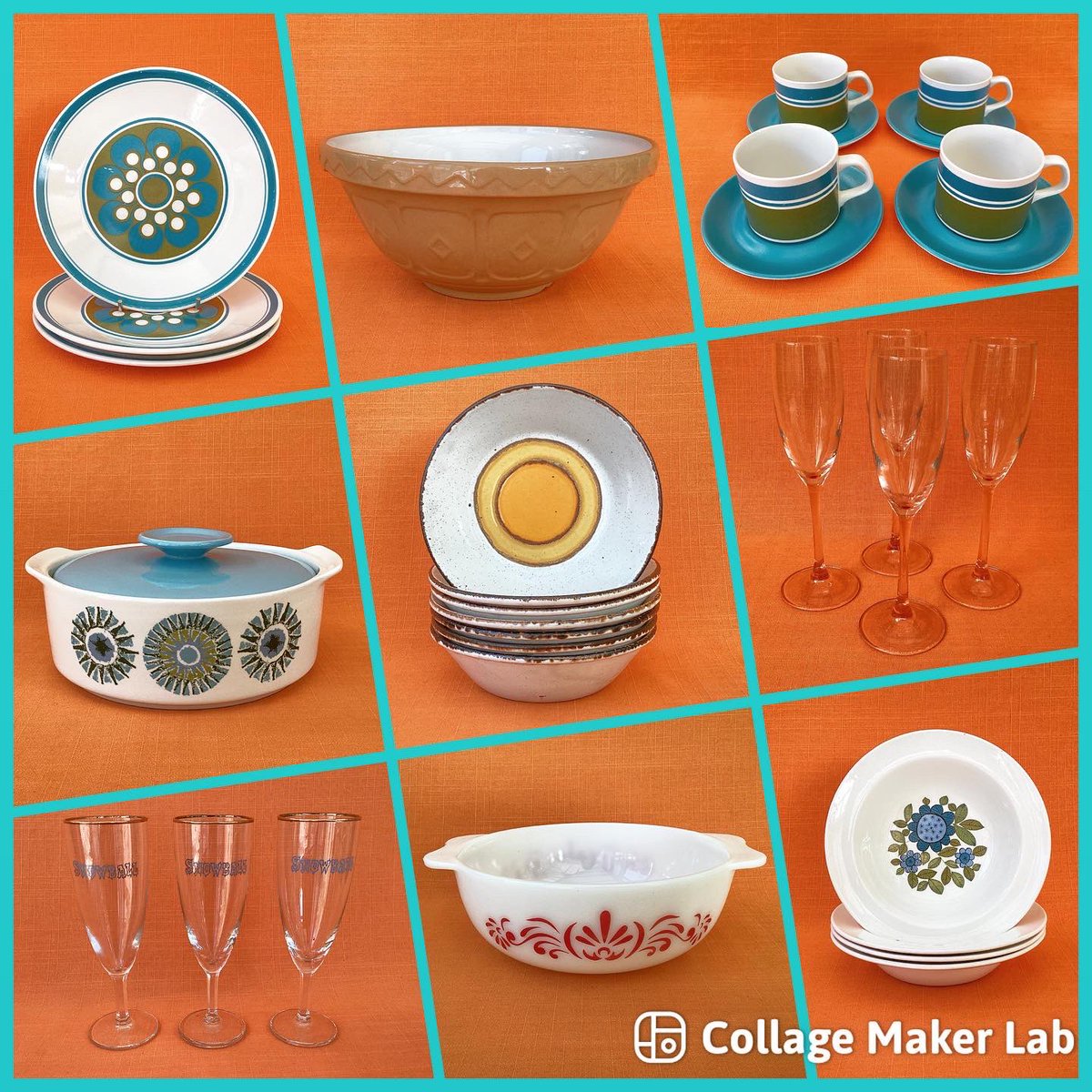 Just sharing one of my favourite grids of new listings - fab colours and designs, straight from the #1960s and #1970s 🤩

#vintagecanebowl #jandgmeakin #meakinaztec #midwinterstonehenge #evemidwinter #jessietait #luminarc #cocktailglasses #christmascocktail #pyrexredscroll #jaj