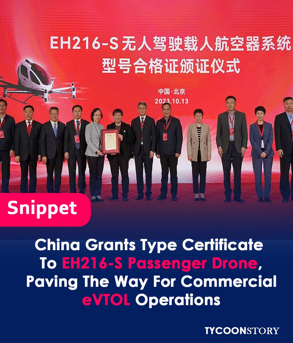 China's Ehang Receives The First Evtol Type Certificate In History.
#EHang #EH216S #PassengerDrone #TypeCertificate #China #AirMobility #UrbanAirMobility #eVTOL #ElectricAircraft #FutureOfFlight #SustainableAviation #AviationInnovation #Aerospace @ElectricVTOL
