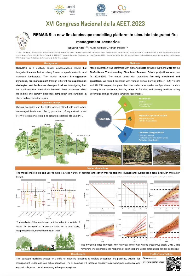 Nos vemos también en la sección de posters donde presentamos el modelo de dinámicas de fuego-paisaje REMAINS disponible ahora como paquete R, para apoyar la toma de decisiones en prevención de incendios
Link al articulo 👇
sciencedirect.com/science/articl… @_AEET_ @ecoinf_aeet #AEET2023