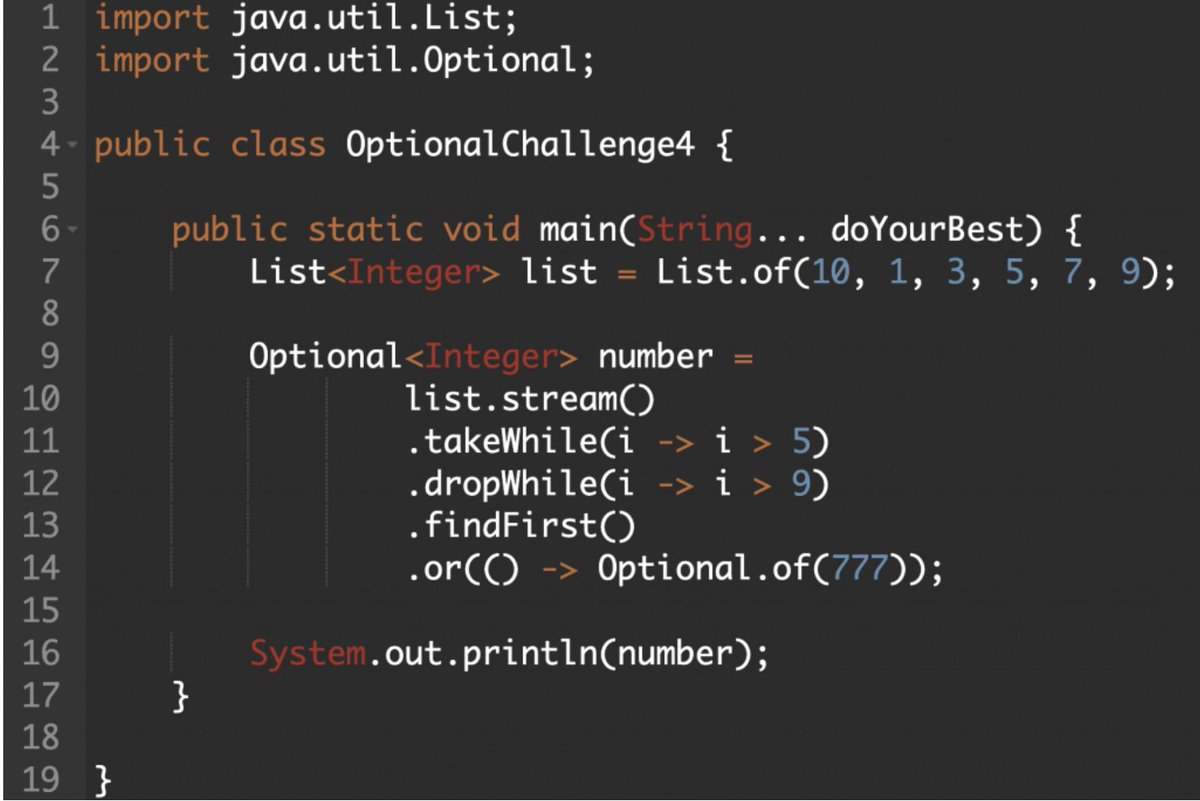RafaDelNero's tweet photo. It’s much easier to deal with null values when we use the concepts of an Optional. It is a concept embraced by numerous programming languages. Are you up for a quick #JavaChallenge? 🚀

🔗 https://t.co/sFSyMHiRKQ

#Java #takeWhile #dropWhile #JavaOptional #CodingMastery https://t.co/wpgpa59s6n